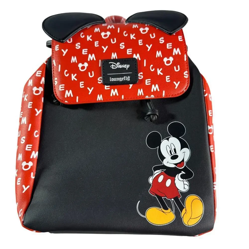 Loungefly Disney Mickey Mouse Mini Backpack Red Black Ears Logo Print NWT
